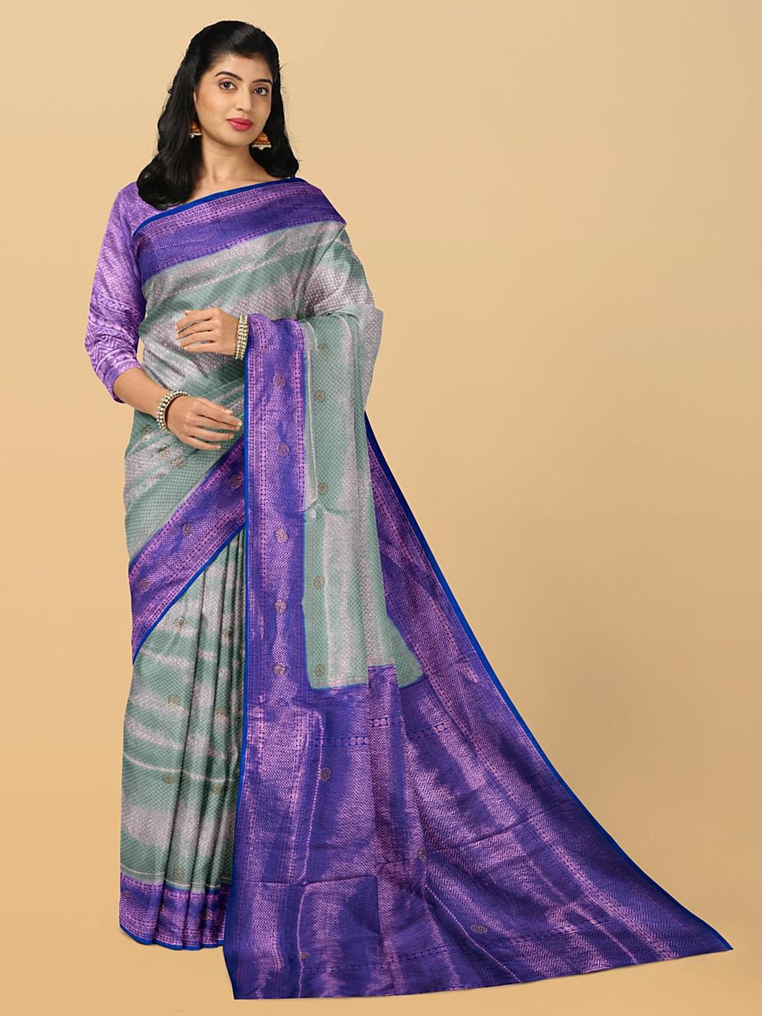 

Kalamandir Geometric Woven Design Embellished Zari Saree, Sea green