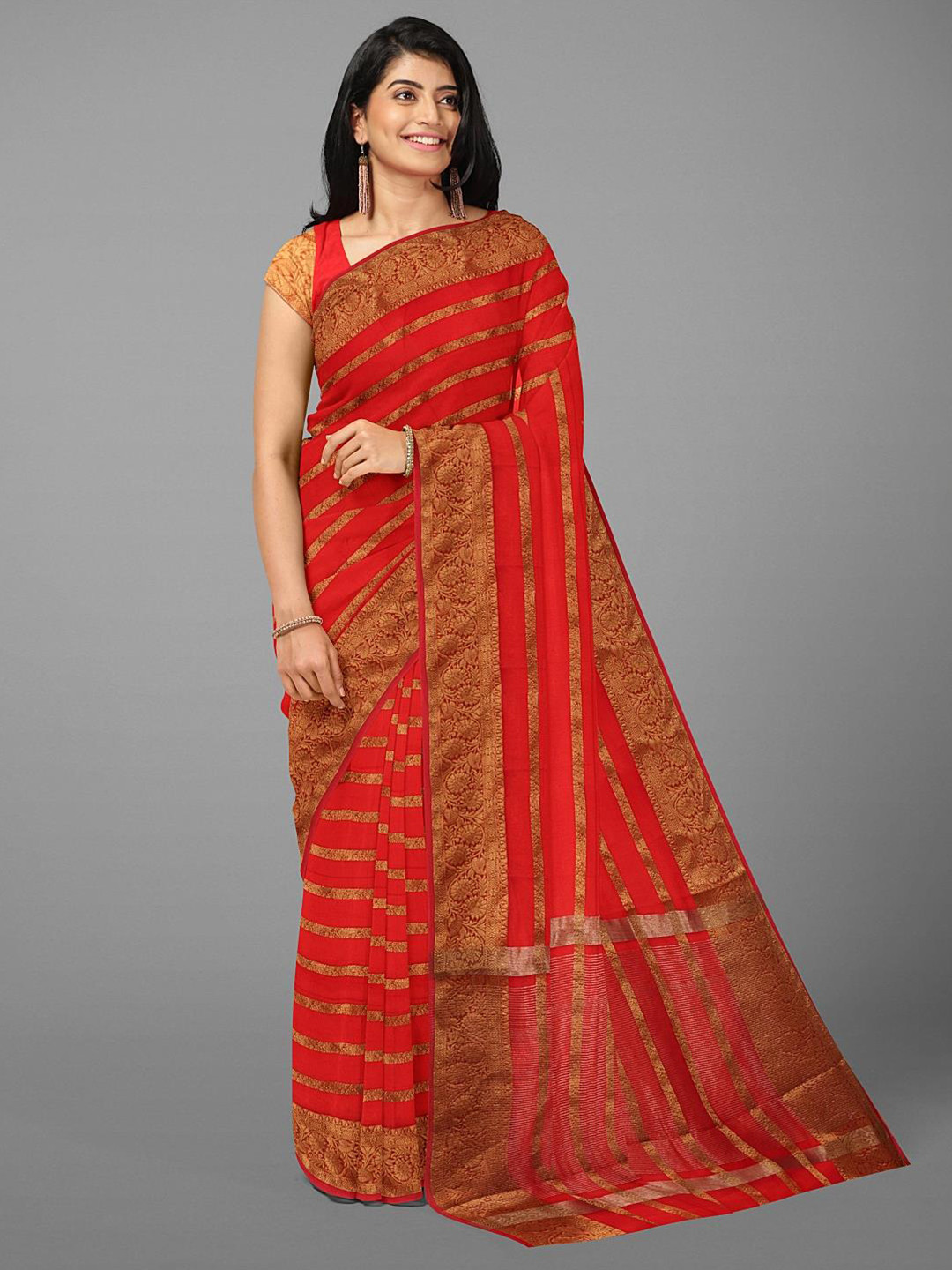

Kalamandir Striped Woven Design Zari Saree, Red