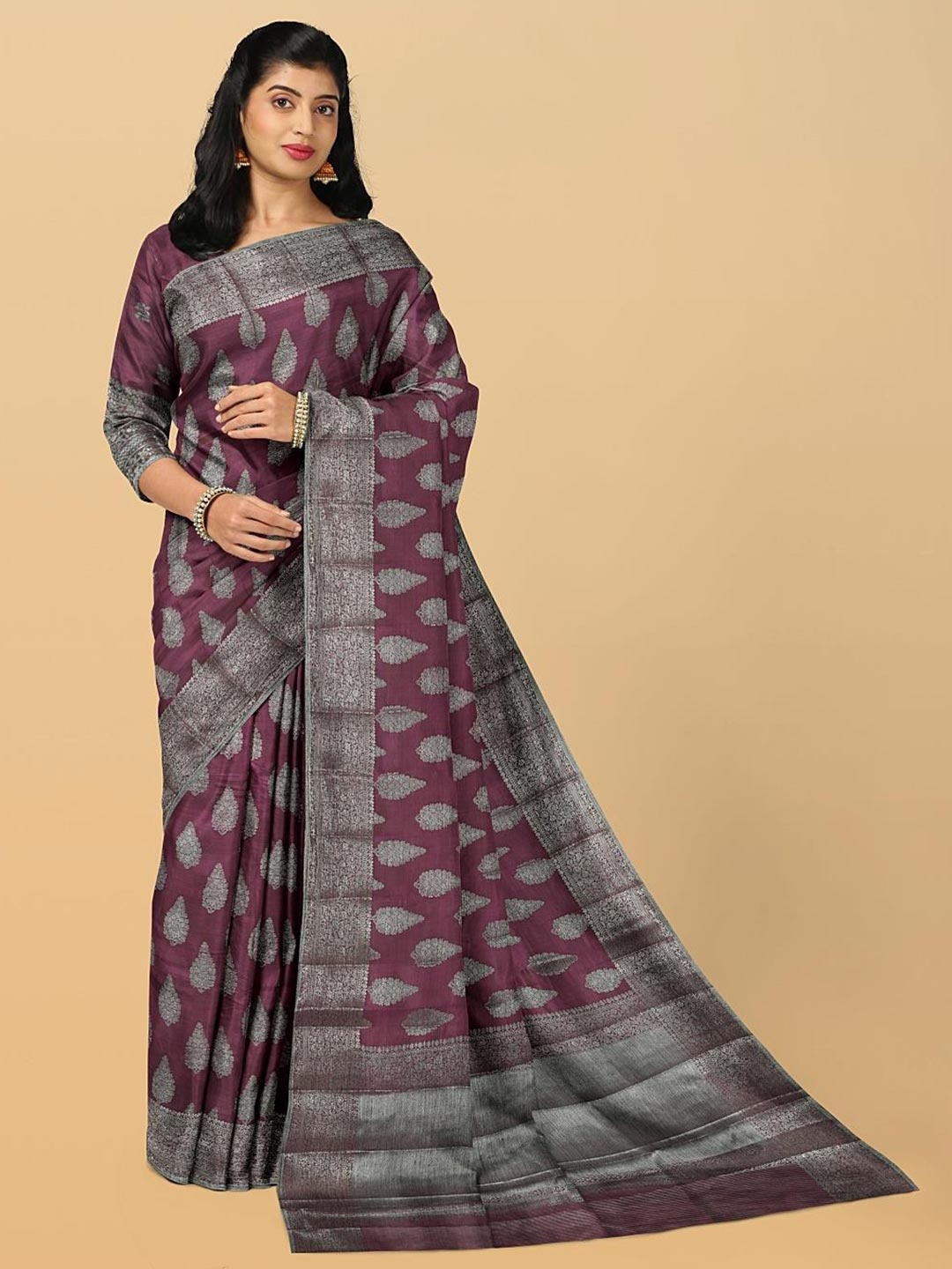 

Kalamandir Ethnic Motif Silk Cotton Zari Saree With Blouse Piece, Purple