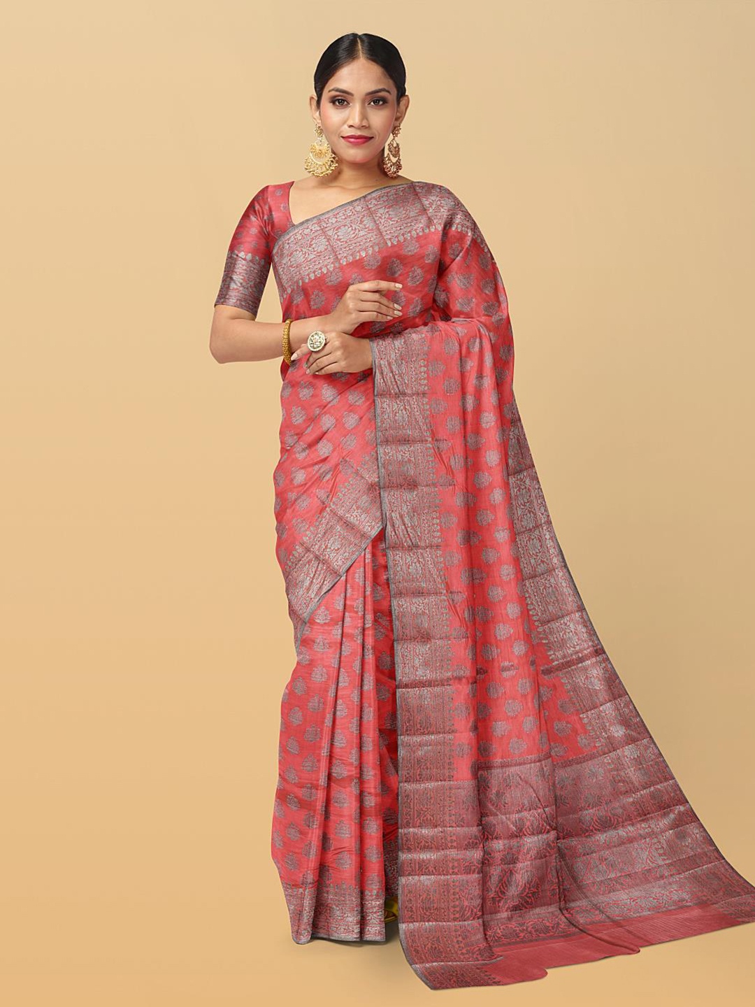 

Kalamandir Ethnic Motif Silk Cotton Zari Saree With Blouse Piece, Coral