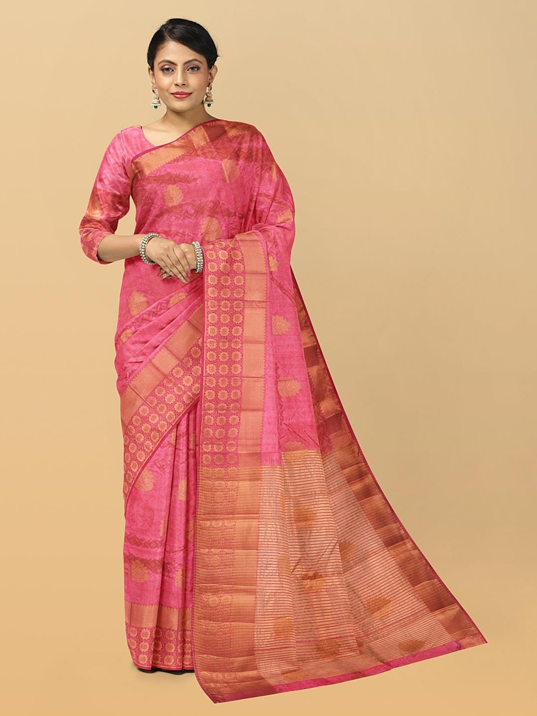 

Kalamandir Ethnic Motif Woven Design Zari Silk Cotton Saree, Pink