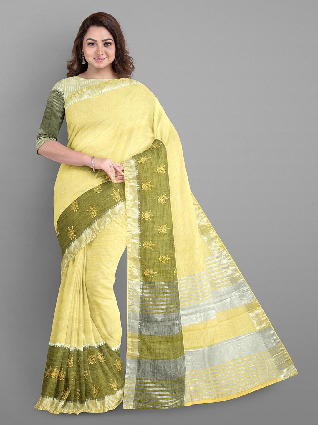 

Kalamandir Zari Linen Blend Saree, Yellow