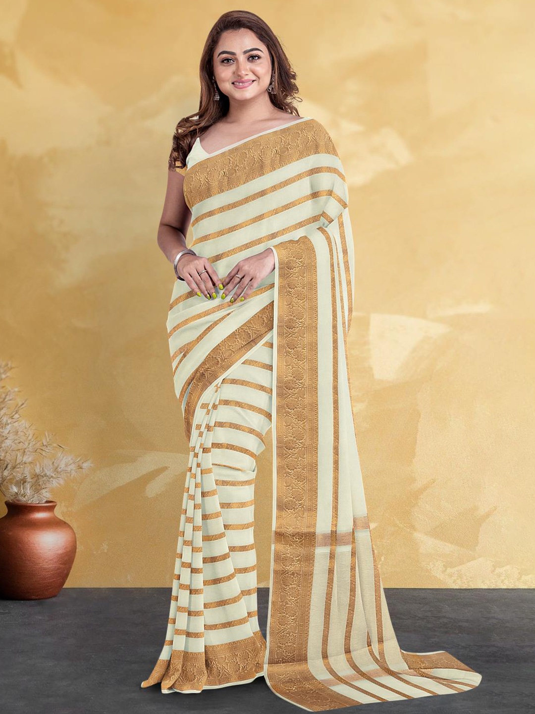 

Kalamandir Striped Woven Design Zari Saree, Off white