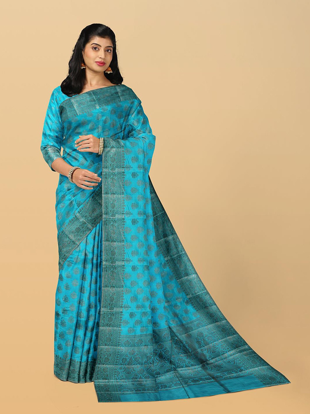 

Kalamandir Floral Woven Design Zari Silk Cotton Saree, Blue