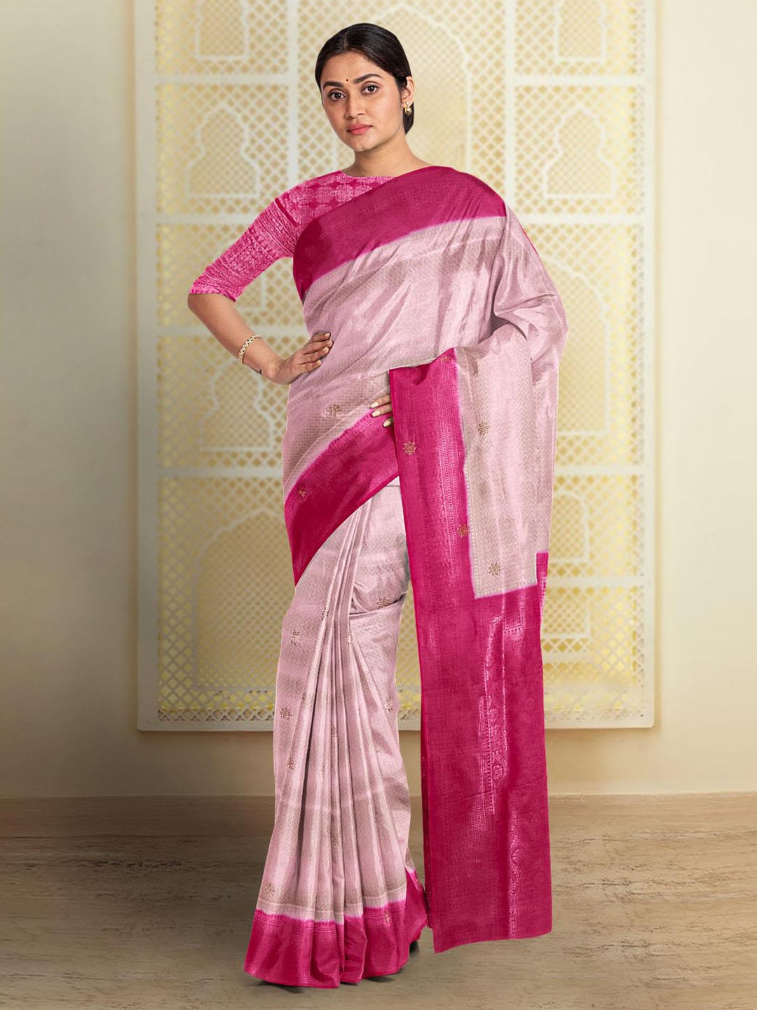 

Kalamandir Ethnic Motif Woven Design Embellished Zari Saree, Cream