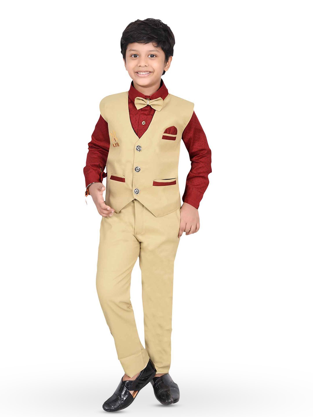 

KIDZAREA Boys Printed Cotton Silk Shirt With Trousers & Waistcoat, Beige