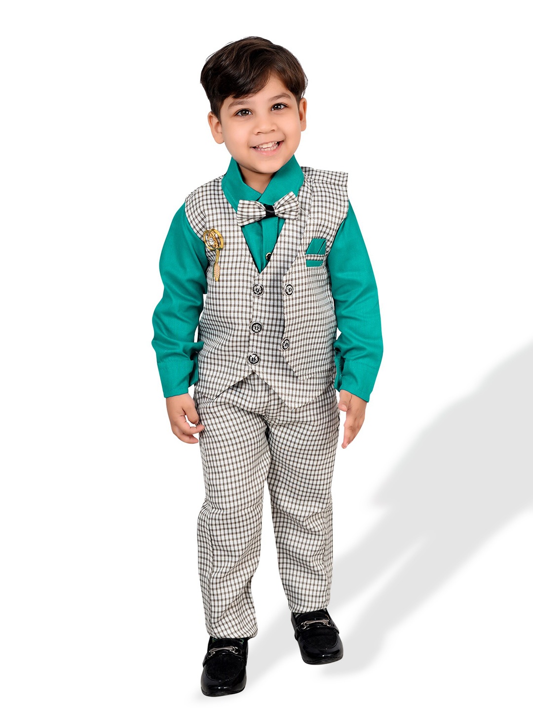 

KIDZAREA Boys Checked Cotton Silk Shirt With Trousers & Waistcoat, Green