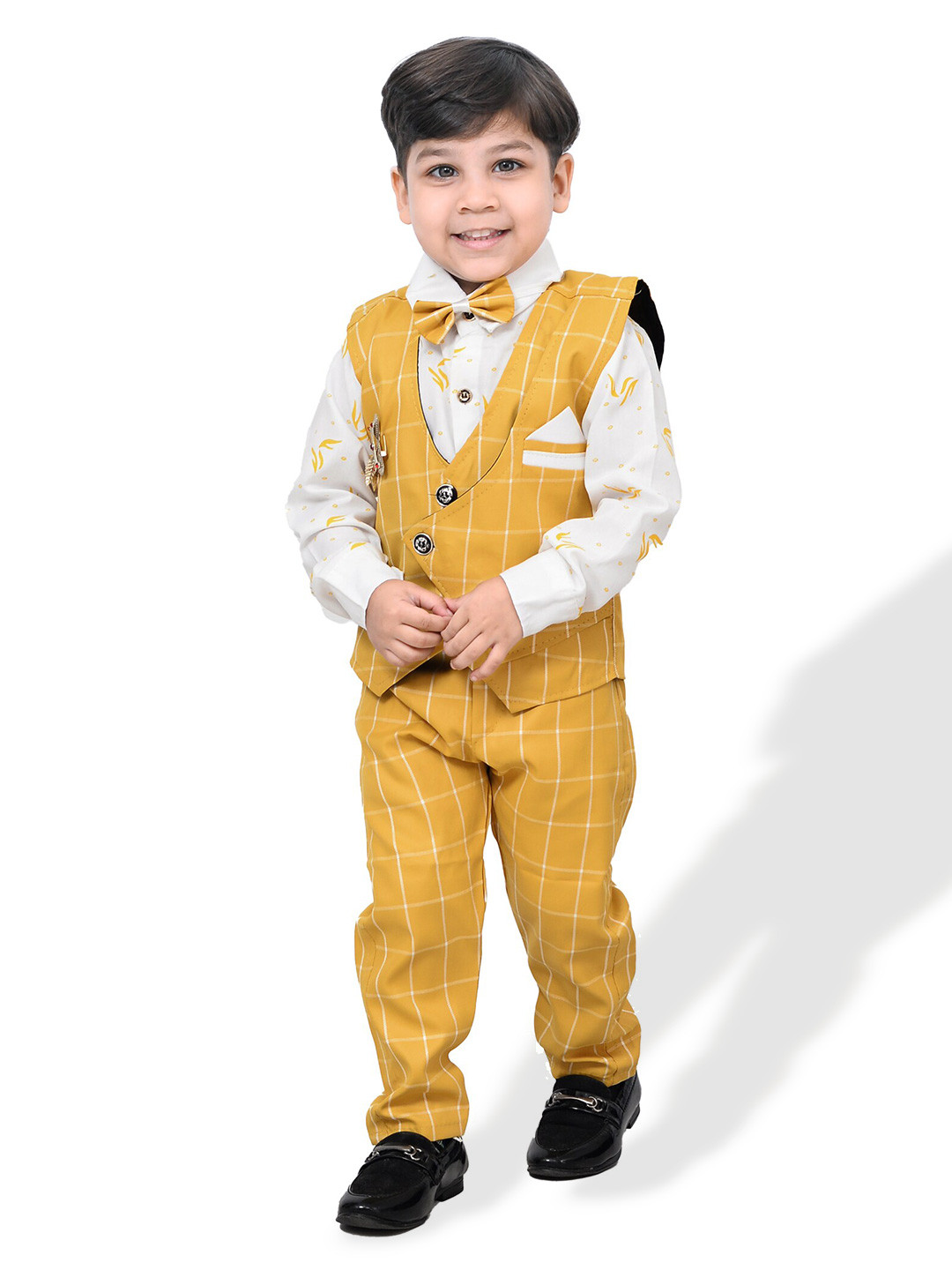 

KIDZAREA Boys Checked Cotton Silk Shirt With Trousers & Waistcoat, Yellow