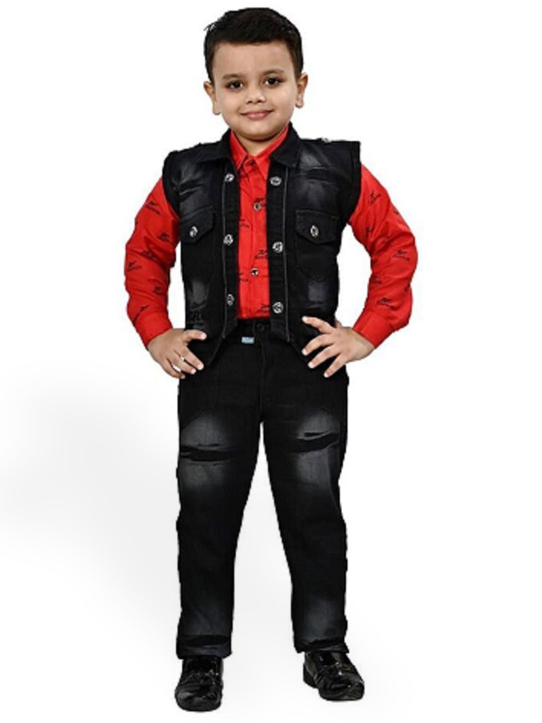 

KIDZAREA Boys Printed Cotton Silk Shirt With Trousers & Waistcoat, Red