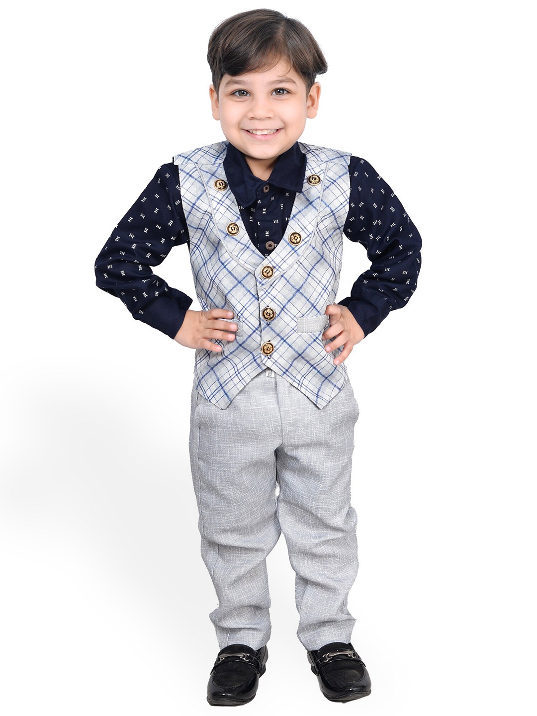 

KIDZAREA Boys Printed Cotton Silk Shirt With Trousers & Waistcoat, Grey