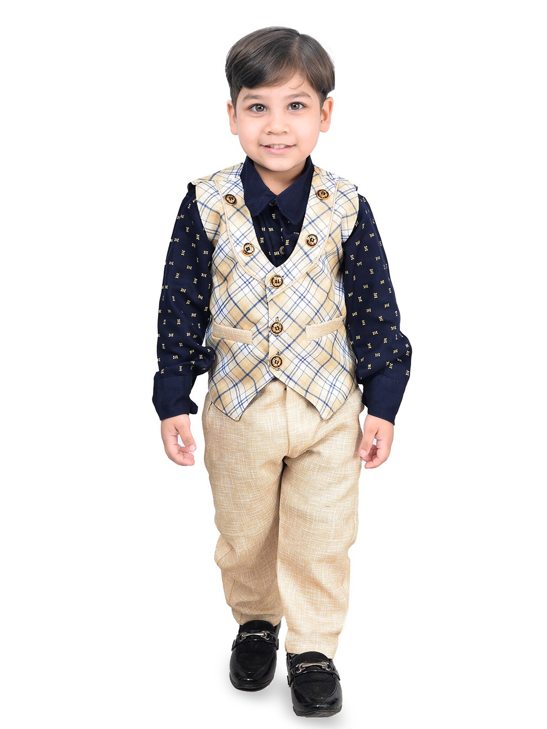

KIDZAREA Boys Printed Cotton Silk Shirt With Trousers & Waistcoat, Beige