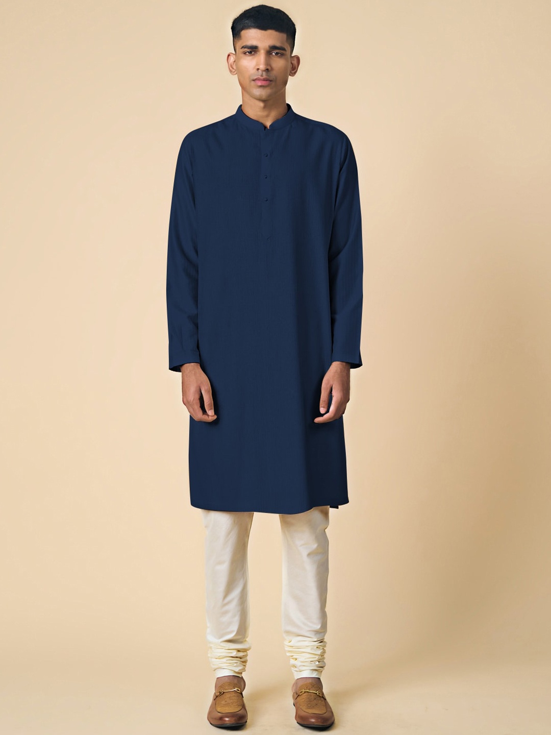 

Tasva Mandarin Collar Regular Kurta With Churidar, Navy blue