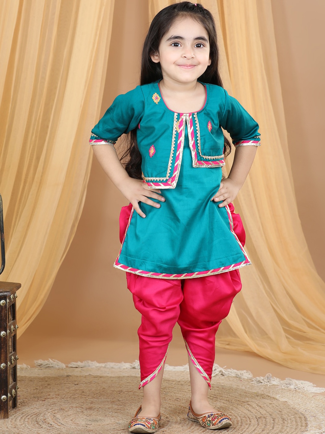 

Here&Now X Kinder Kids Girls Embroidered Gotta Patti Pure Cotton Kurti With Dhoti Pants, Turquoise blue