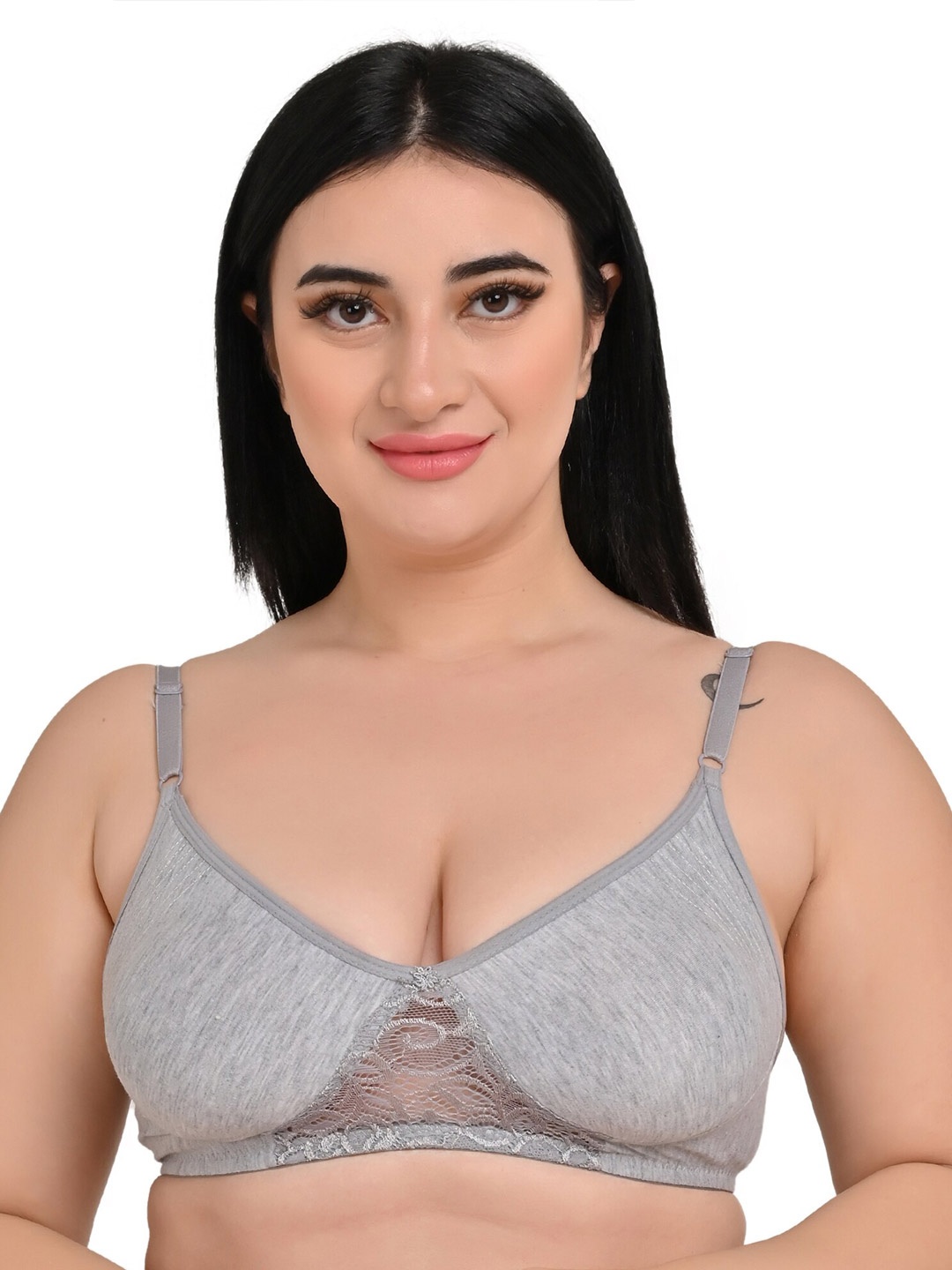 

Piylu Lightly Padded Medium Coverage All Day Comfort Lace T-Shirt Bra, Grey
