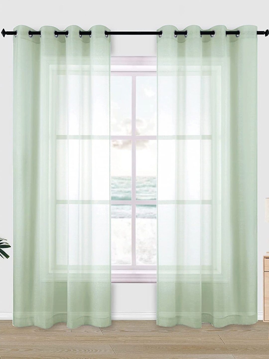 

URBAN SPACE Green 2-Pieces Sheer Linen Window Curtains