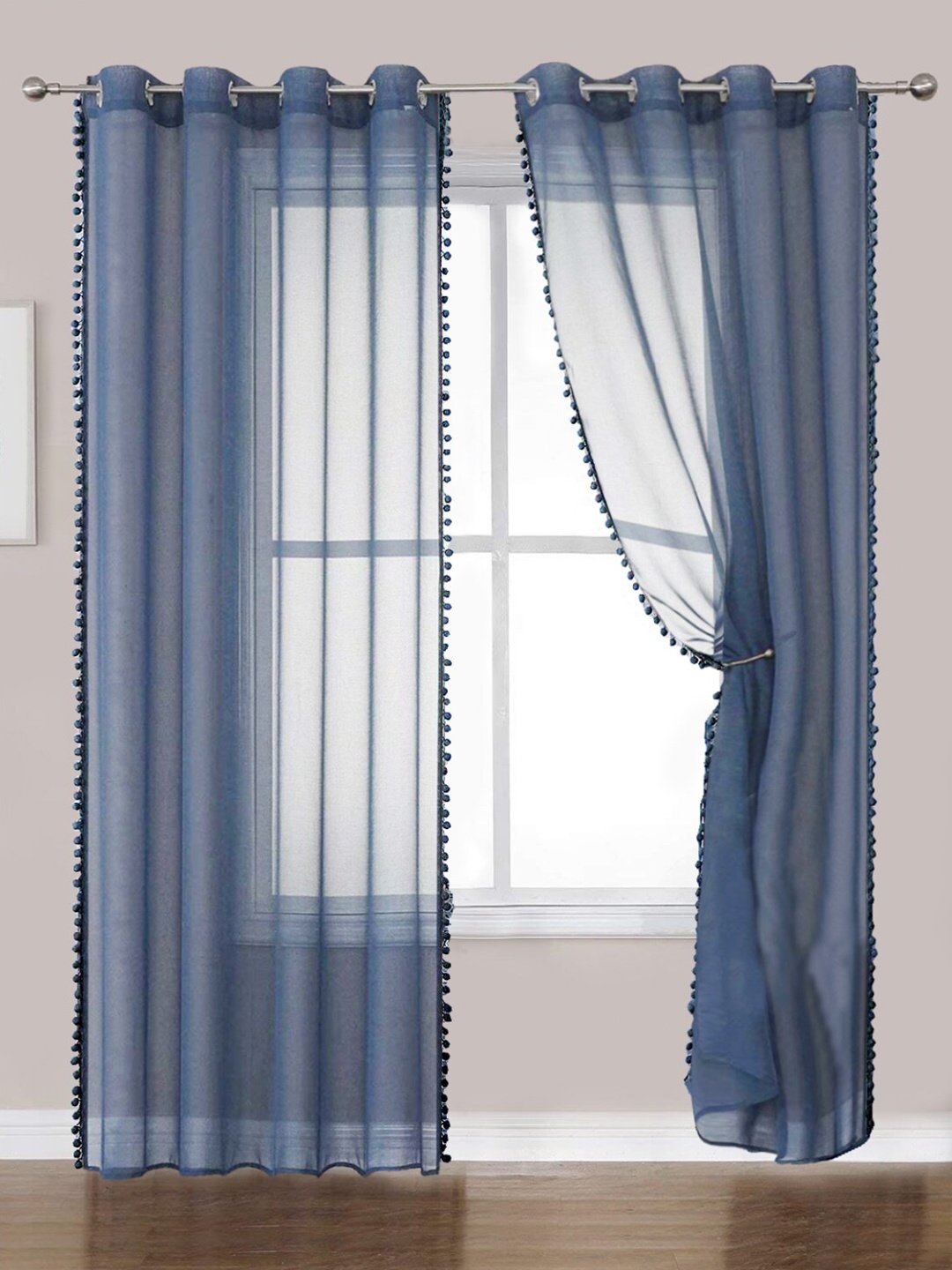 

URBAN SPACE Blue 2-Piece Linen Sheer Window Curtains
