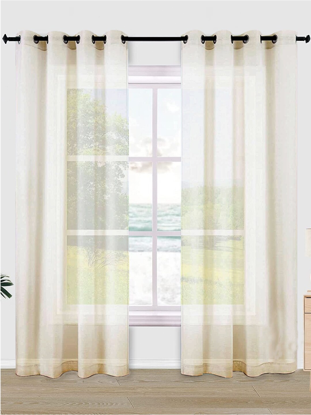 

URBAN SPACE Cream-Coloured 2-Pieces Sheer Linen Window Curtains