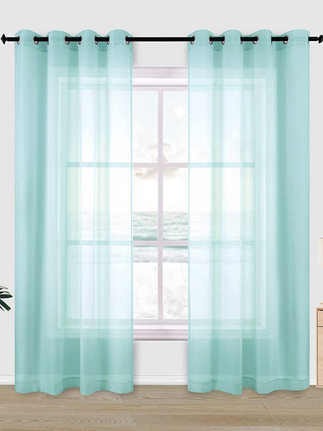 

URBAN SPACE Blue 2-Piece Linen Sheer Window Curtains