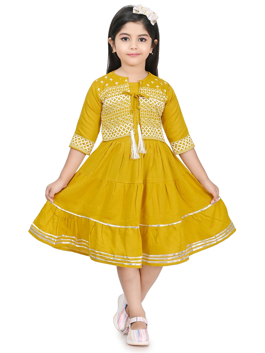 

carrydreams Girls Tiered Fit & Flare Midi Dress With Printed Jacket, Mustard