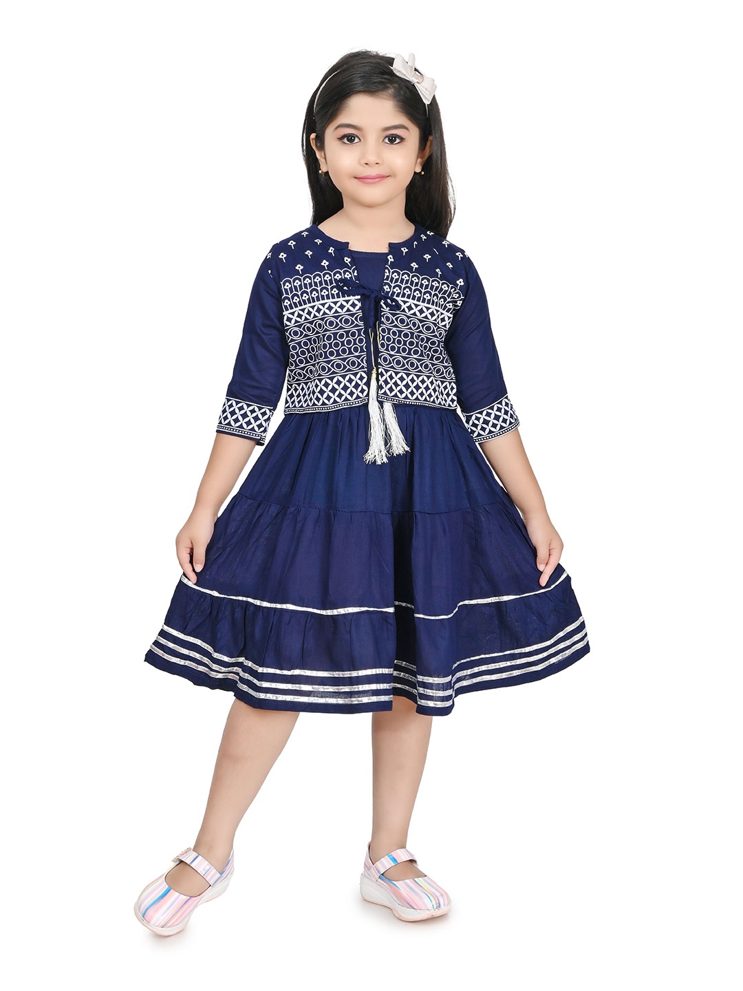 

carrydreams Girls Tiered Fit & Flare Dress With Printed Jacket, Navy blue