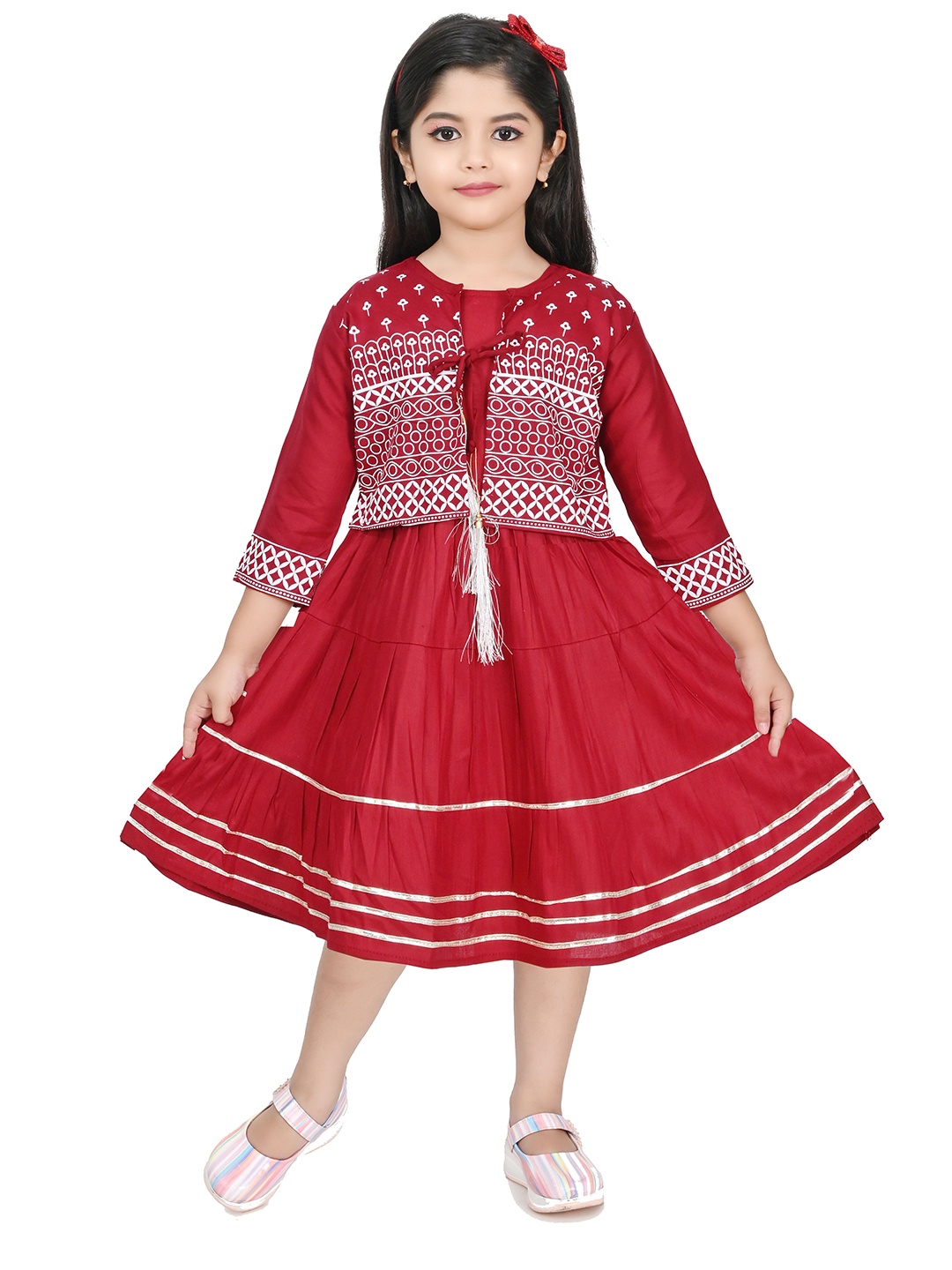 

carrydreams Girls Tiered Fit & Flare Midi Dress With Printed Jacket, Maroon