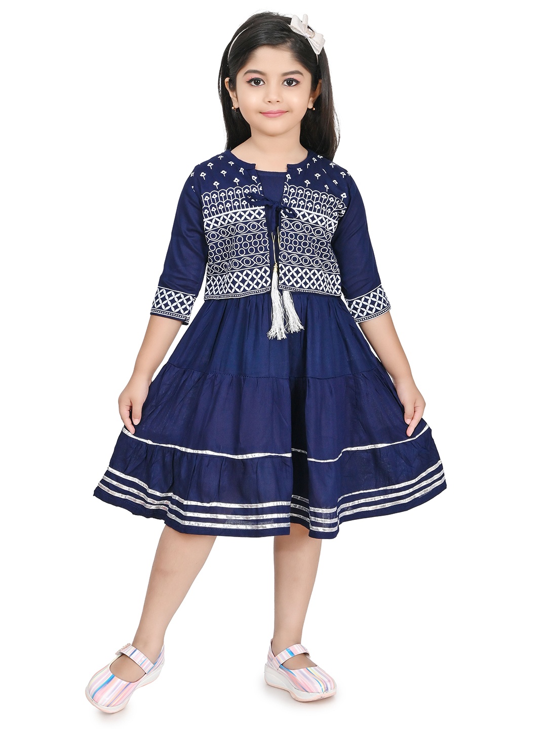 

carrydreams Girls Tiered Fit & Flare Midi Dress With Printed Jacket, Navy blue