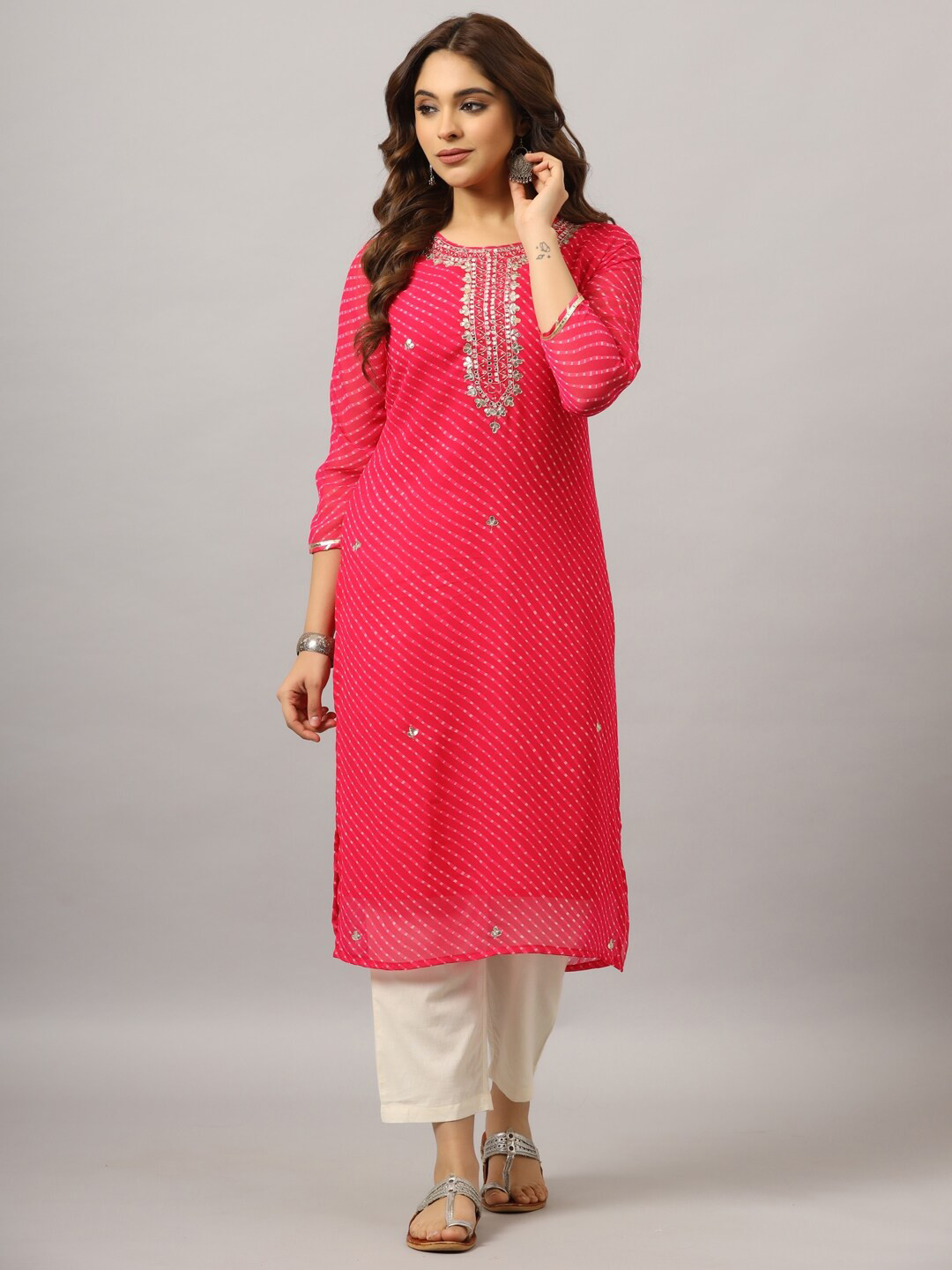 

Amchoor Leheriya Printed Gotta Patti Georgette Kurta, Pink