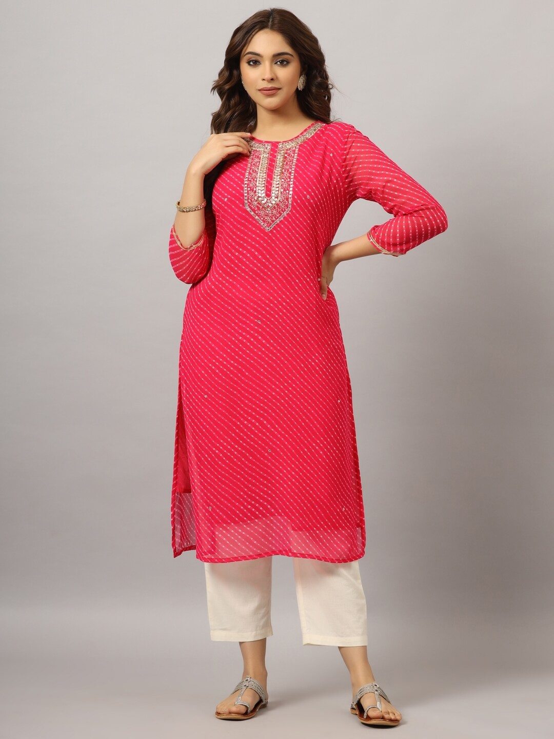 

Amchoor Leheriya Printed Mirror Work Gotta patti Georgette Kurta, Pink