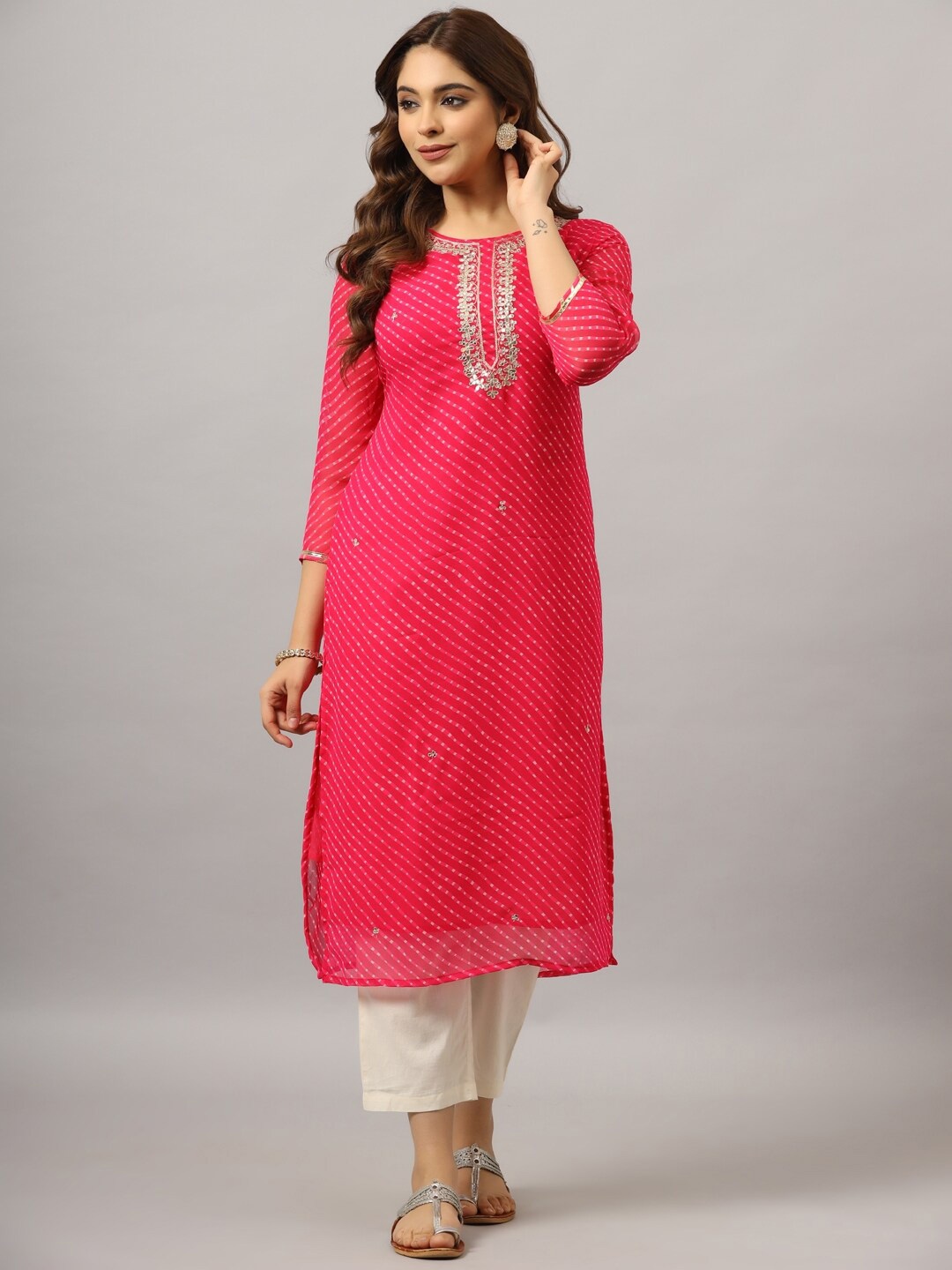 

Amchoor Leheriya Printed Mirror Work Georgette Kurta, Pink