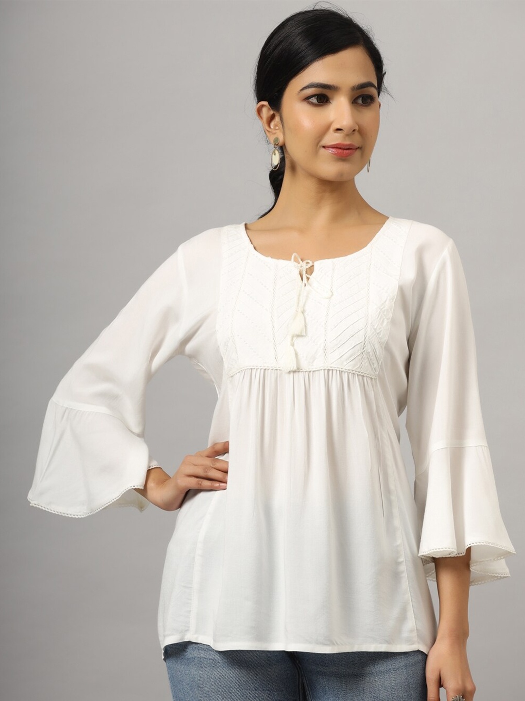 

Amchoor Tie-Up Neck Three-Fourth Bell Sleeve Empire Top, White