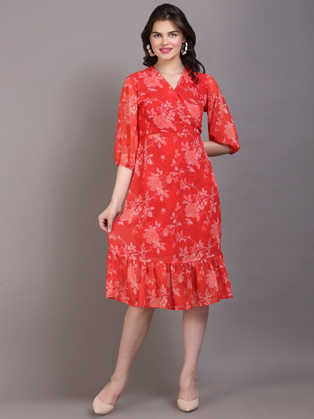 

DESI WOMANIYA V-Neck Floral Print Georgette Midi Dress, Orange