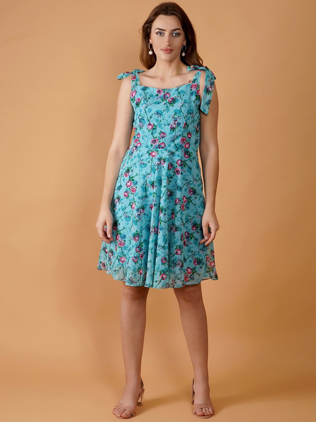 

DESI WOMANIYA Floral Print Georgette Fit & Flare Dress, Blue