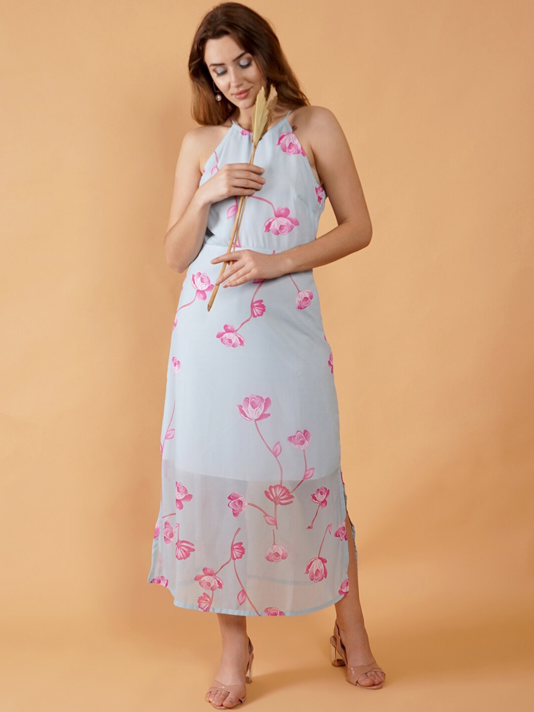 

DESI WOMANIYA Floral Printed Shoulder Straps Georgette A-Line Midi Dress, Turquoise blue