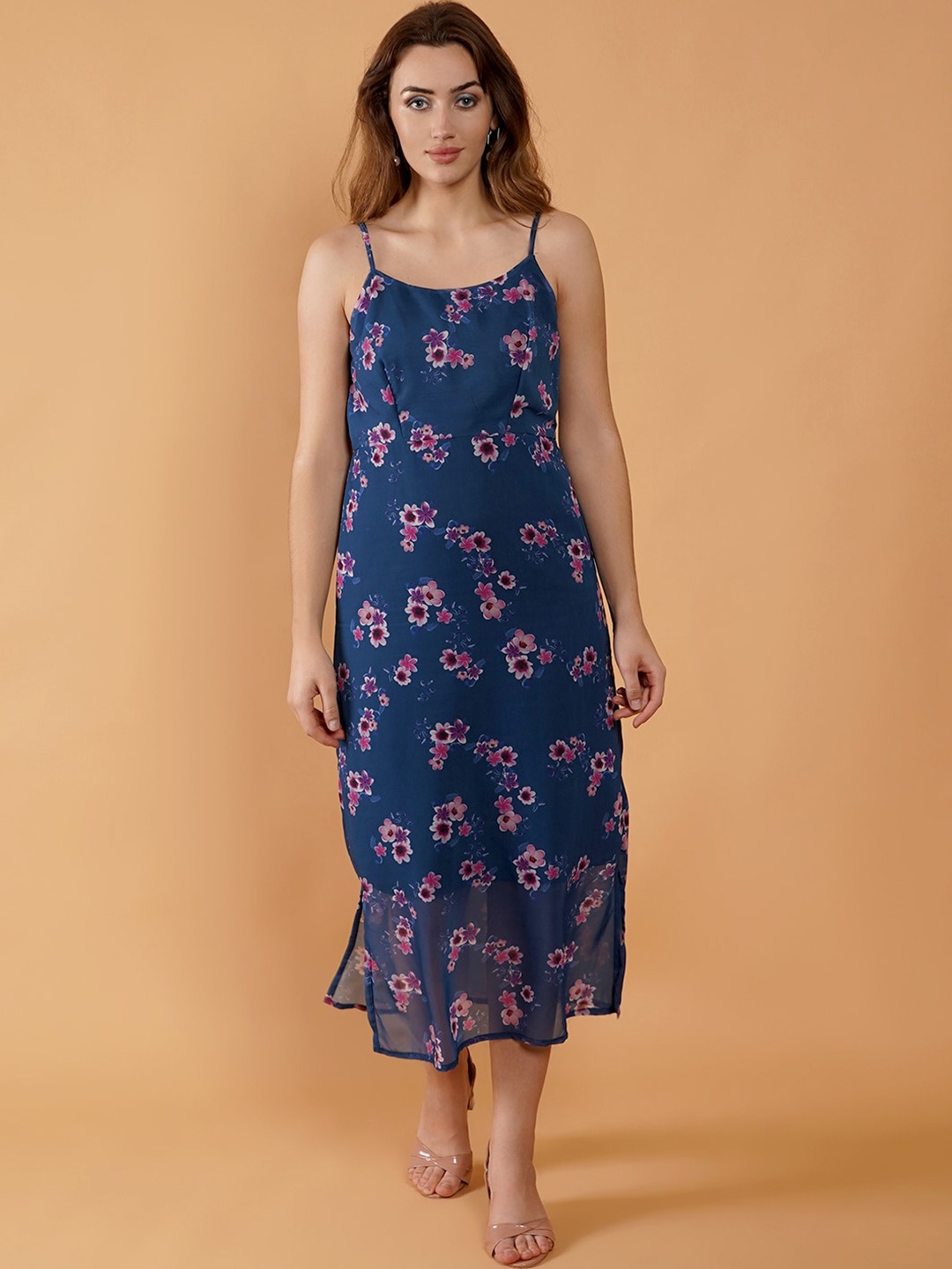 

DESI WOMANIYA Floral Printed Shoulder Straps Georgette A-Line Midi Dress, Navy blue