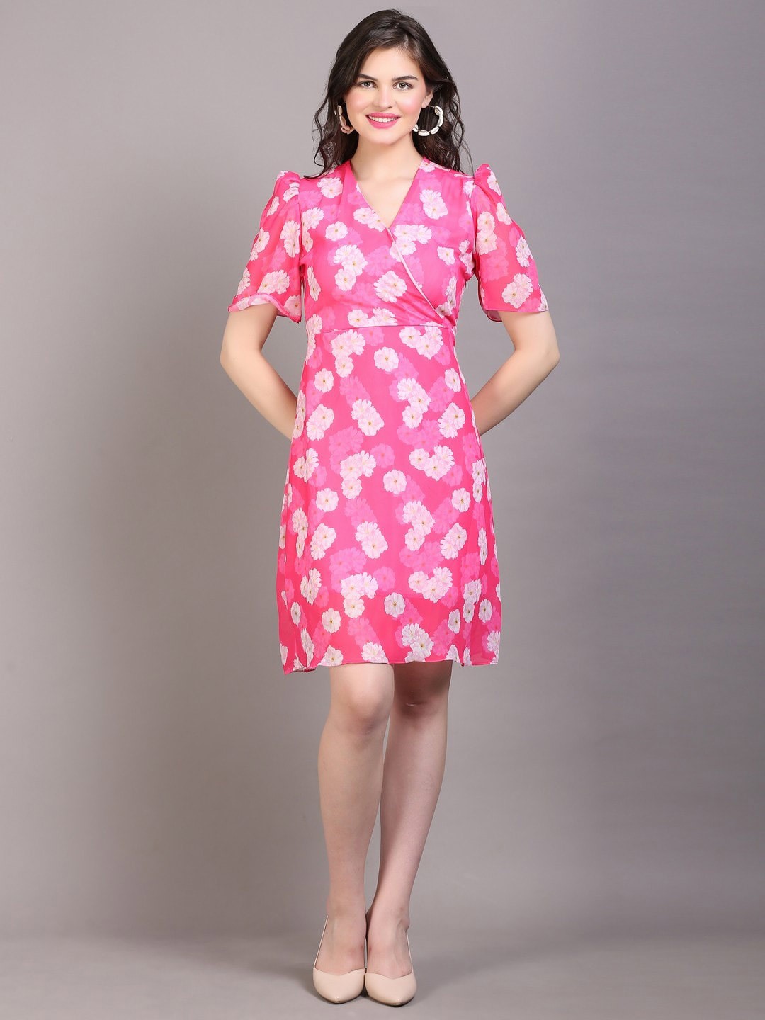 

DESI WOMANIYA Floral Printed Georgette A-Line Dress, Pink