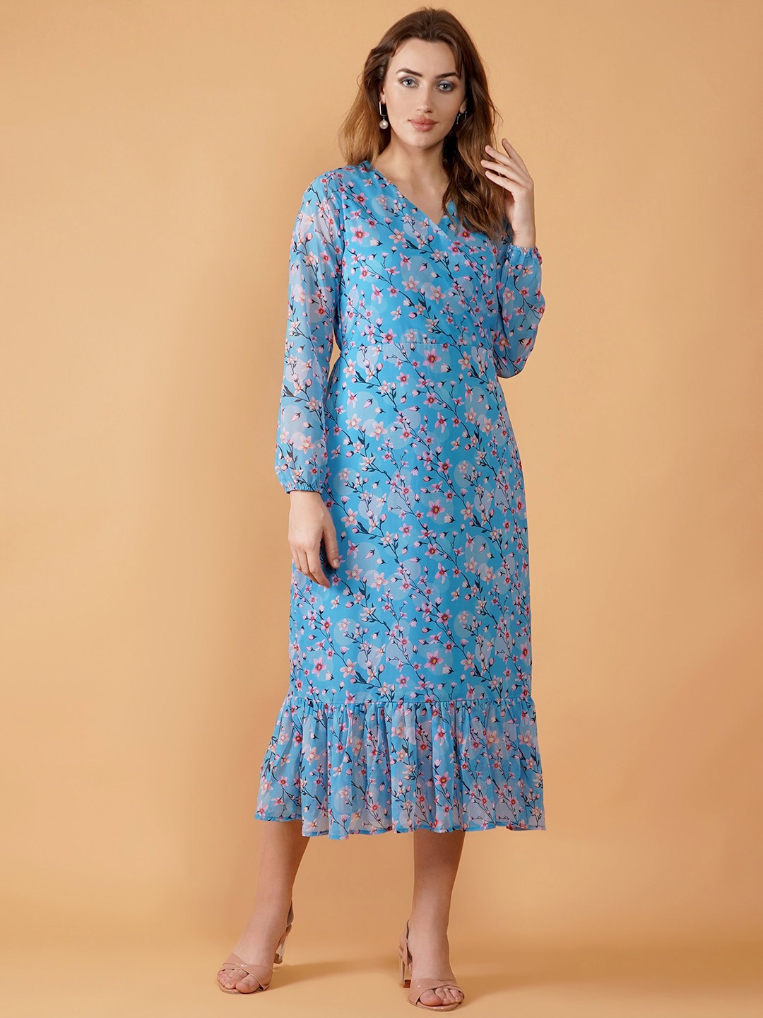 

DESI WOMANIYA Floral Print Puff Sleeve Ruffled Georgette Midi Dress, Blue