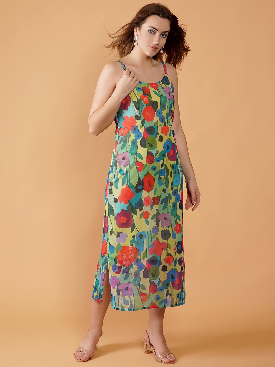 

DESI WOMANIYA Floral Printed Shoulder Straps Georgette A-Line Midi Dress, Green