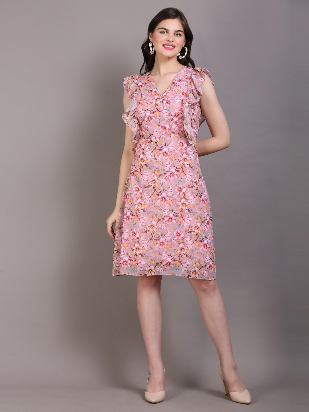 

DESI WOMANIYA Floral Printed Ruffles Georgette A-Line Dress, Pink