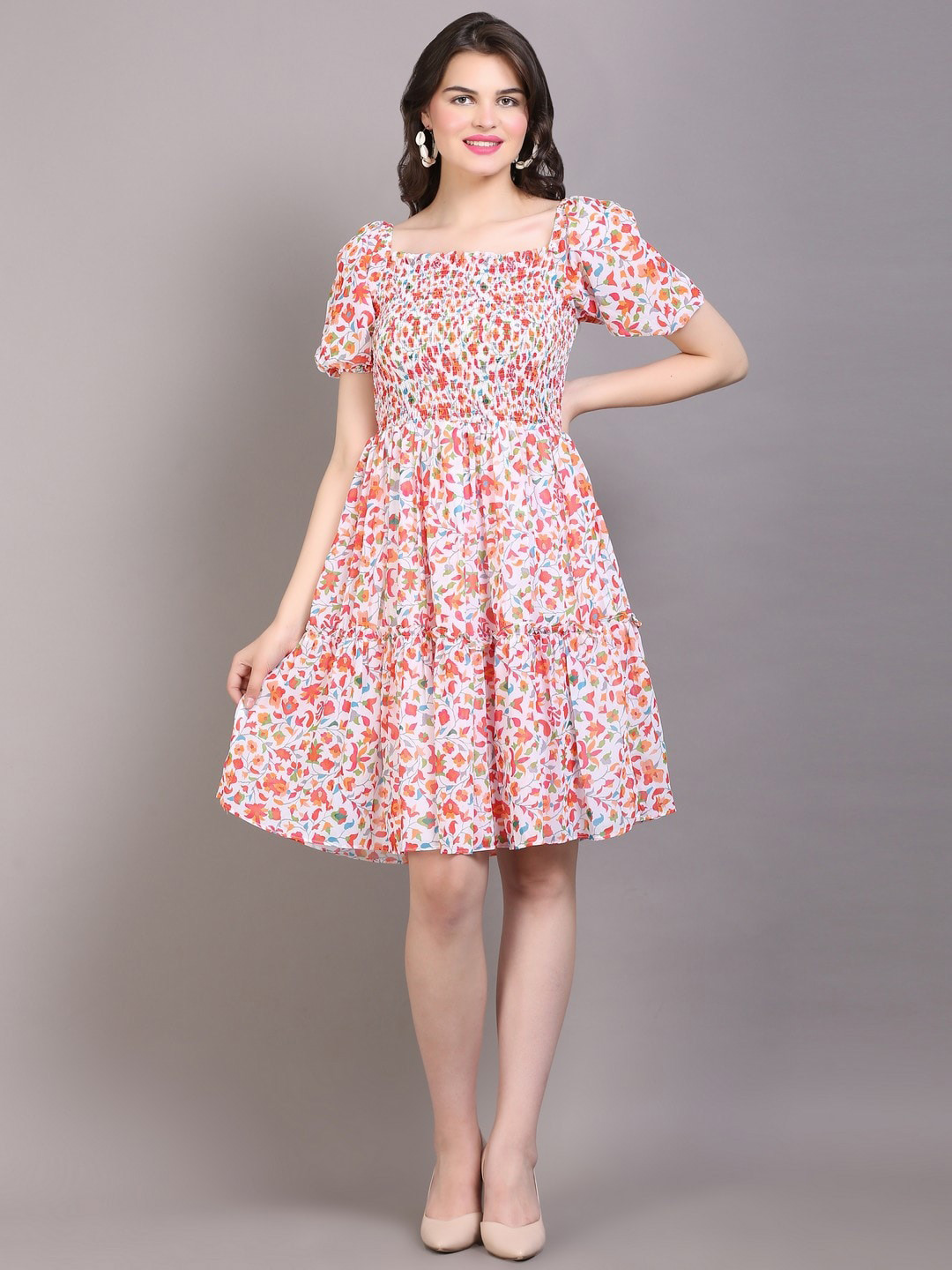 

DESI WOMANIYA Floral Printed Puff Sleeves Smocked Fit & Flare Dress, White