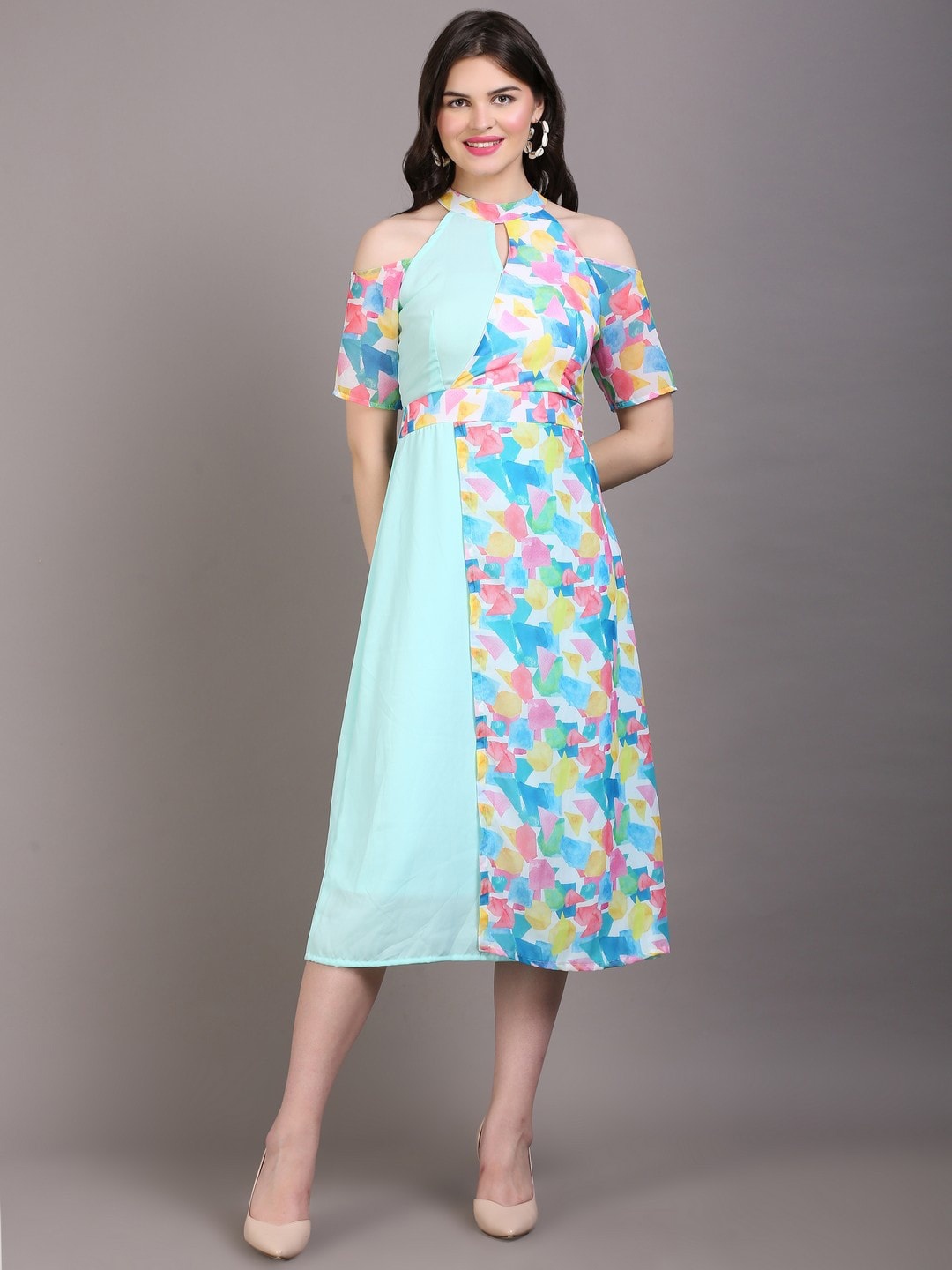 

DESI WOMANIYA Floral Print Keyhole Neck Cold-Shoulder Georgette Fit & Flare Midi Dress, Turquoise blue