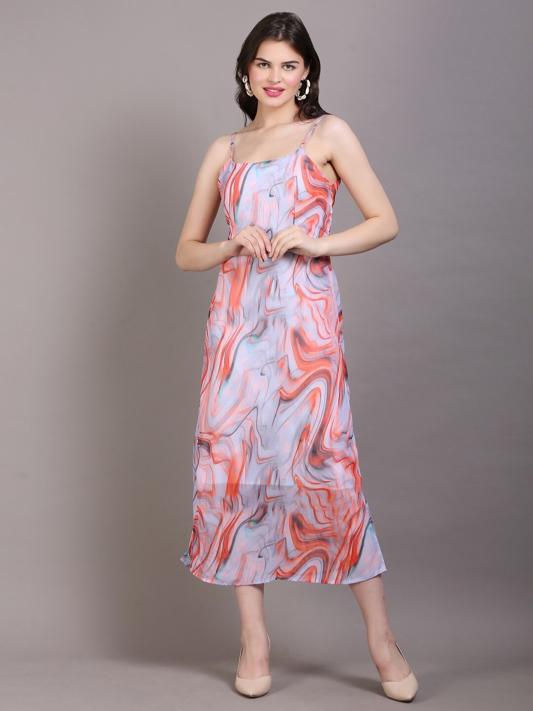 

DESI WOMANIYA Abstract Printed Shoulder Strap A-Line Midi Dress, Grey