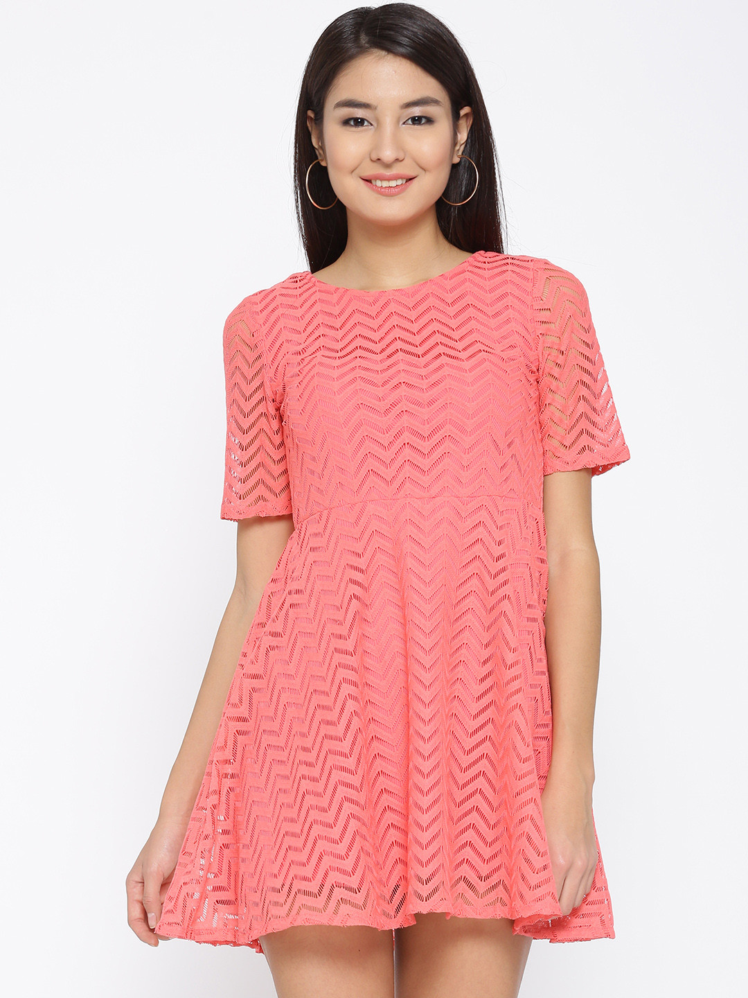 

Aeropostale Women Coral Pink Self Design Fit and Flare Dress
