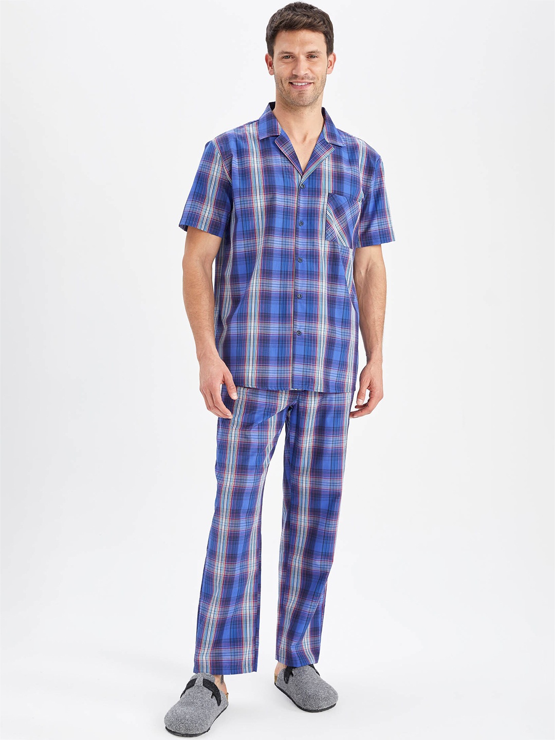 

DeFacto Checked Shirt & Pyjamas Night suit, Blue