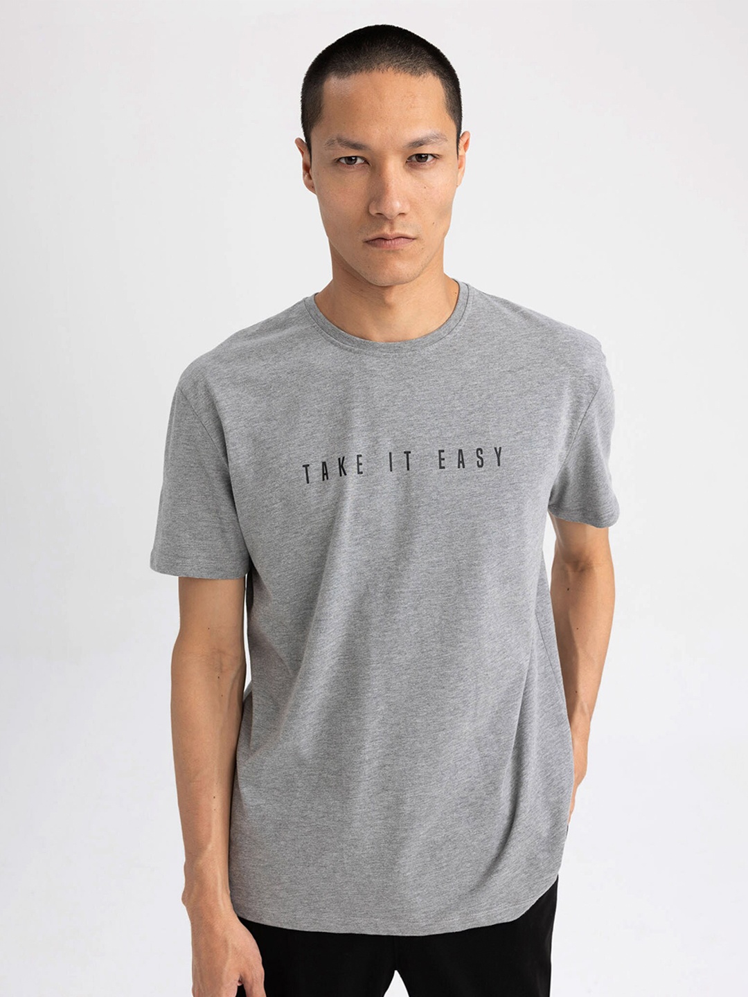 

DeFacto Round Neck T-Shirt & Pyjamas Night suit, Grey melange