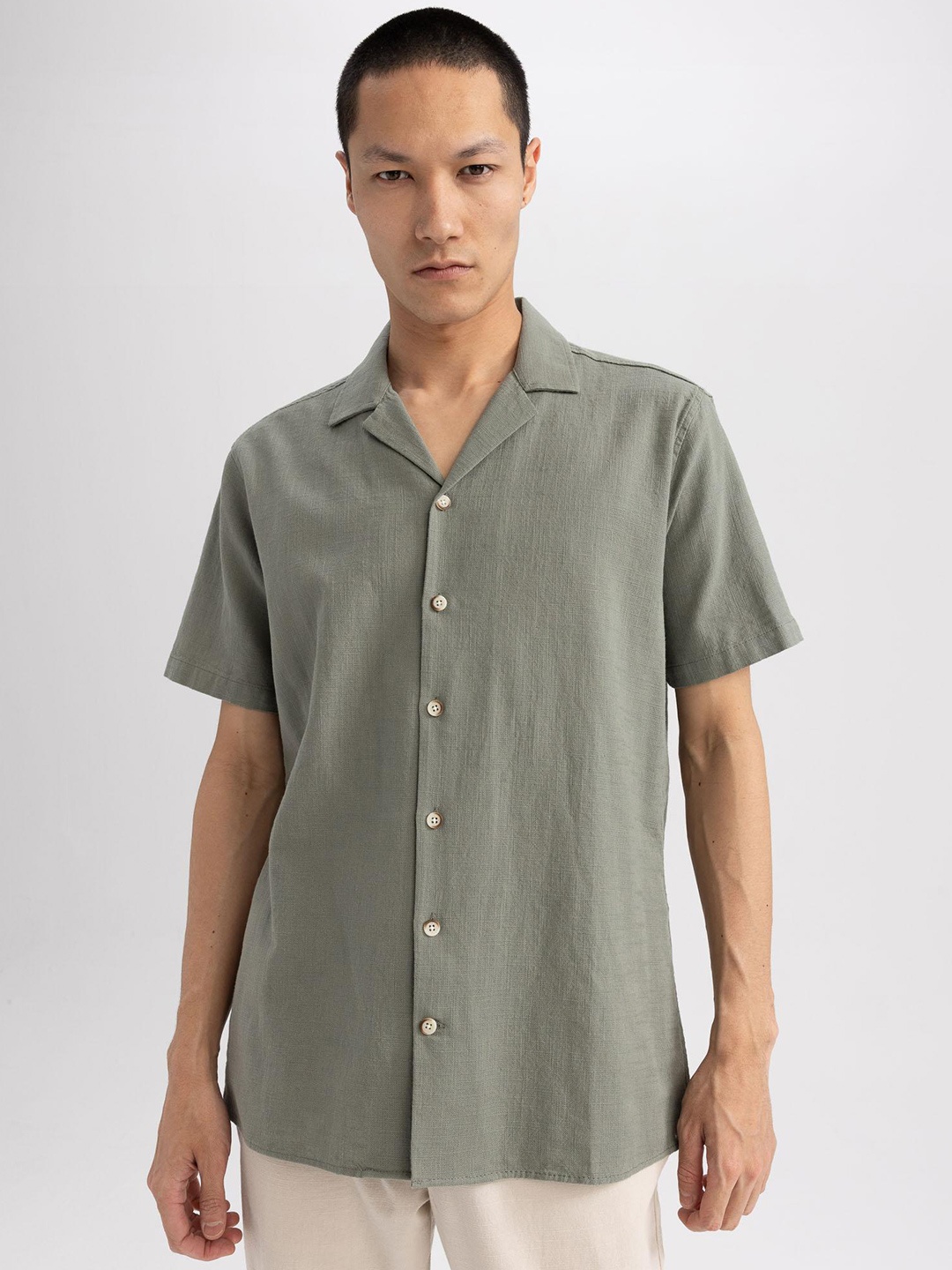 

DeFacto Spread Collar Opaque Pure Cotton Casual Shirt, Olive