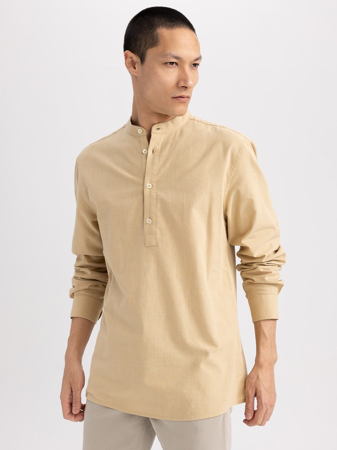 

DeFacto Band Collar Long Sleeves Pure Cotton Casual Shirt, Beige