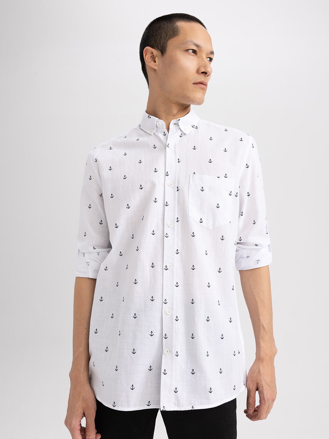 

DeFacto Conversational Printed Long Sleeves Pure Cotton Casual Shirt, White