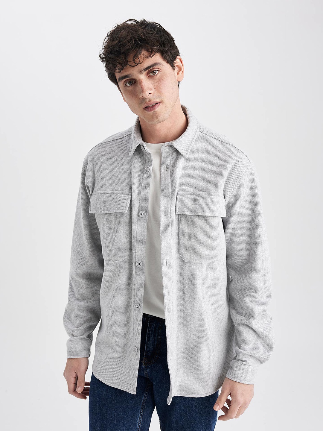 

DeFacto Self Design Opaque Casual Shacket, Grey