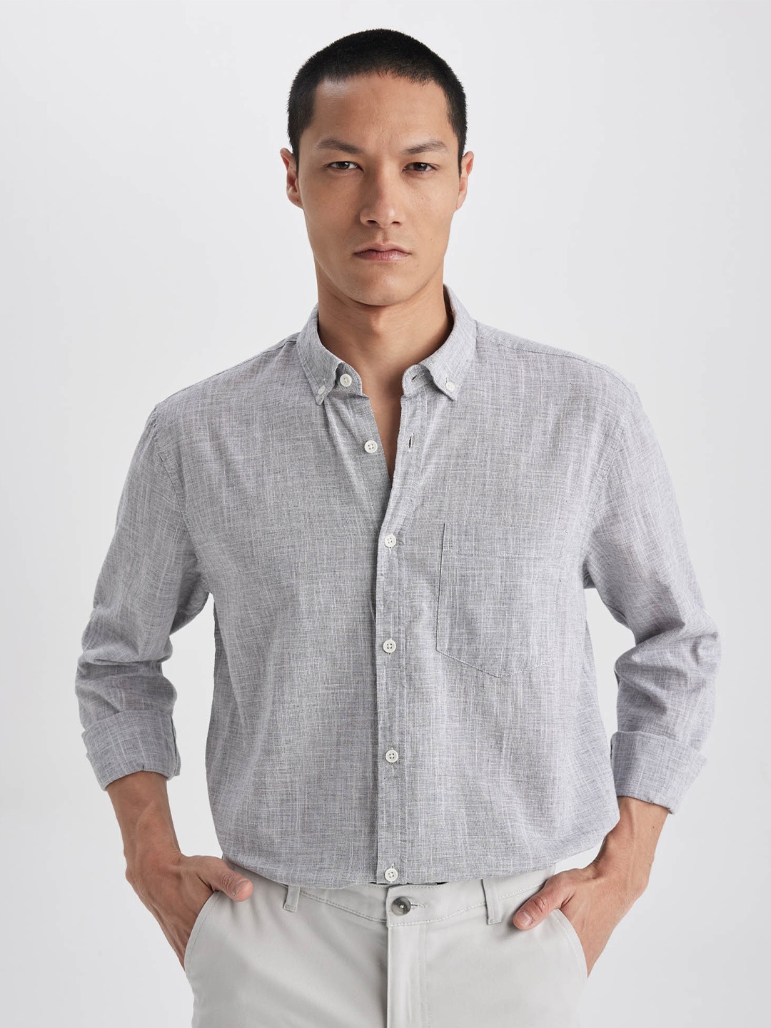 

DeFacto Button-Down Collar Long Sleeves Pure Cotton Casual Shirt, Grey