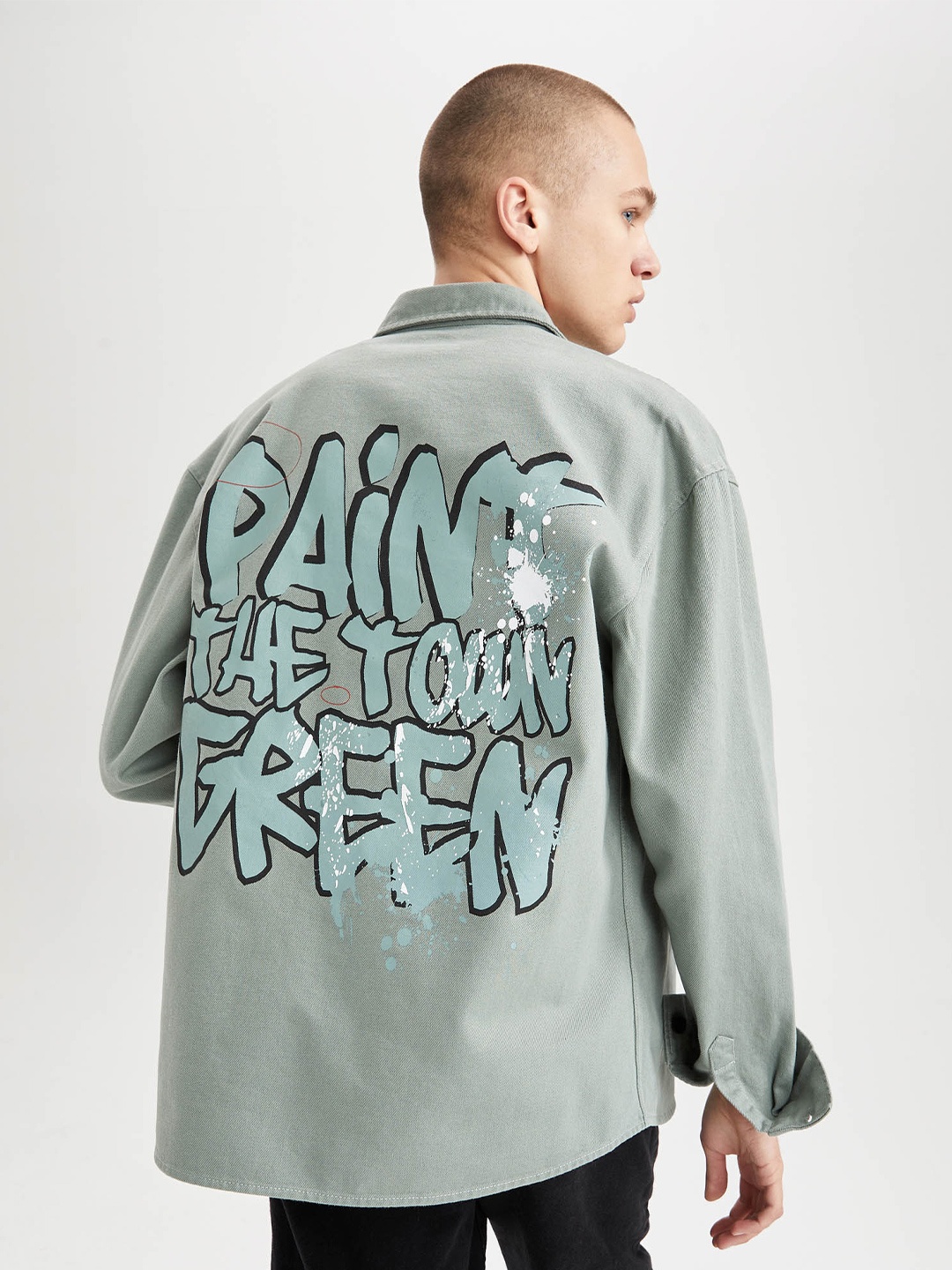 

DeFacto Typography Printed Long Sleeves Pure Cotton Casual Shirt, Green